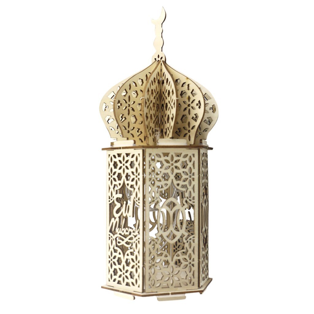 Wooden Ramadan Lantern Lights Wood Mosque Eid Mubarak Decoration for Home Ramadan Kareem Islamic Hanging Decor