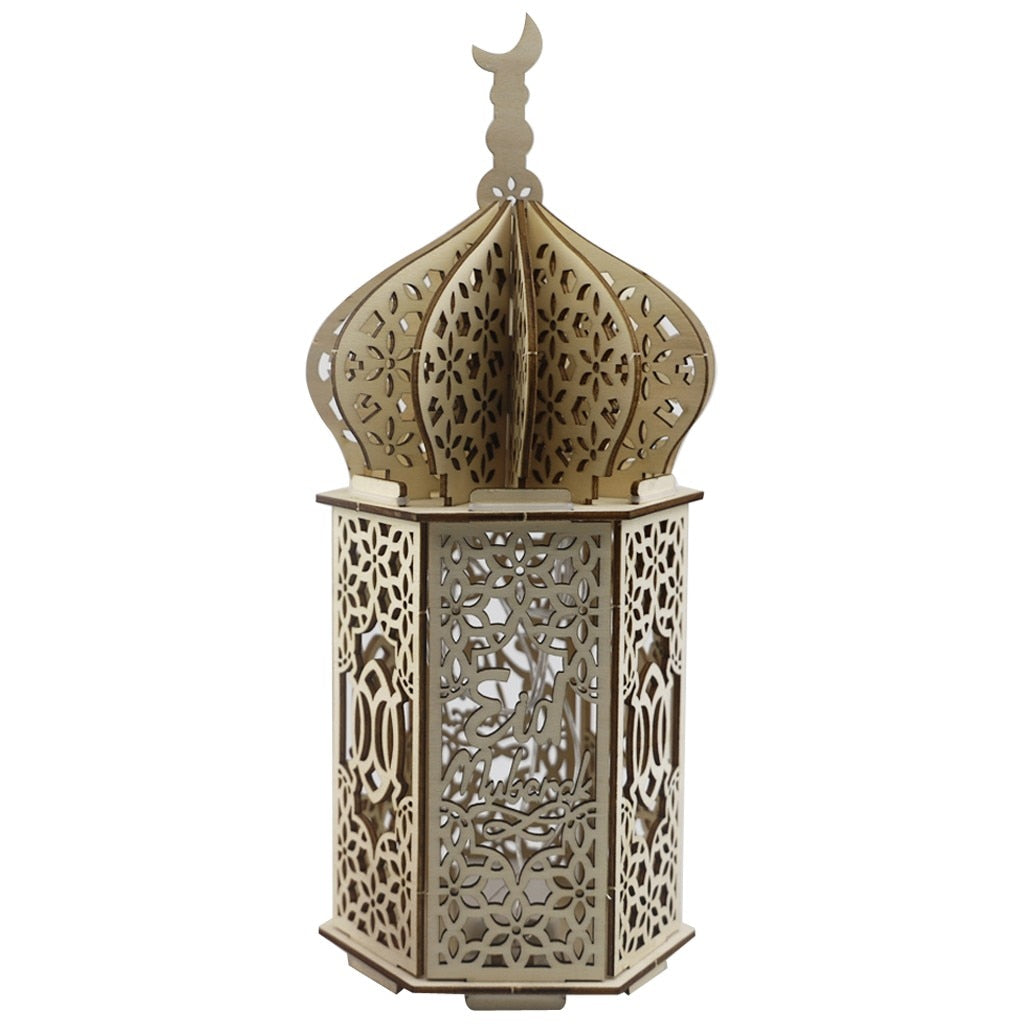 Wooden Ramadan Lantern Lights Wood Mosque Eid Mubarak Decoration for Home Ramadan Kareem Islamic Hanging Decor