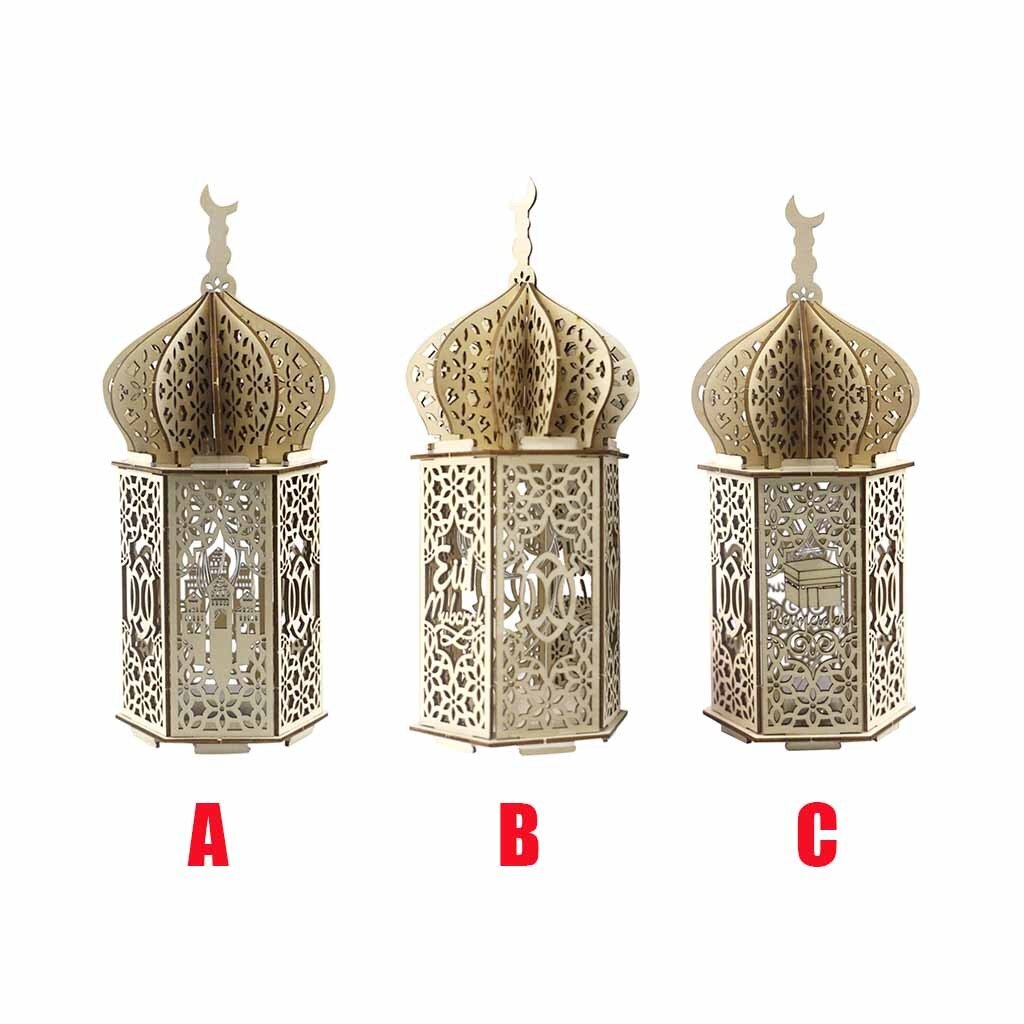Wooden Ramadan Lantern Lights Wood Mosque Eid Mubarak Decoration for Home Ramadan Kareem Islamic Hanging Decor