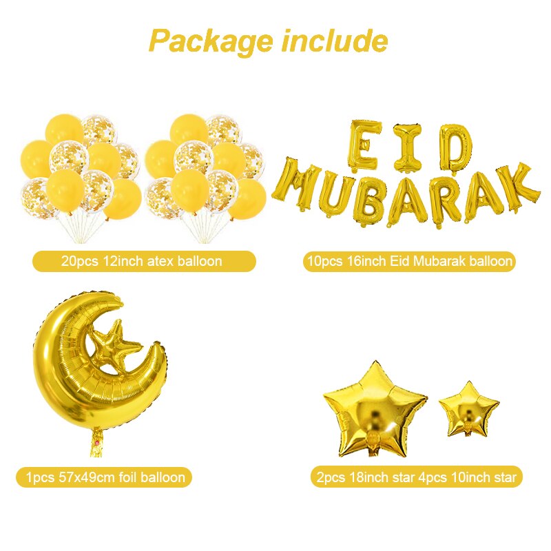 2023 Eid Mubarak Letter Foil Balloons Moon Star Helium Globos Ramadan Kareem Decoration for Home Muslim Islamic Party Supplies