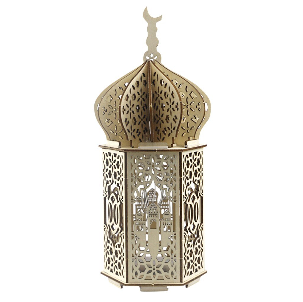 Wooden Ramadan Lantern Lights Wood Mosque Eid Mubarak Decoration for Home Ramadan Kareem Islamic Hanging Decor