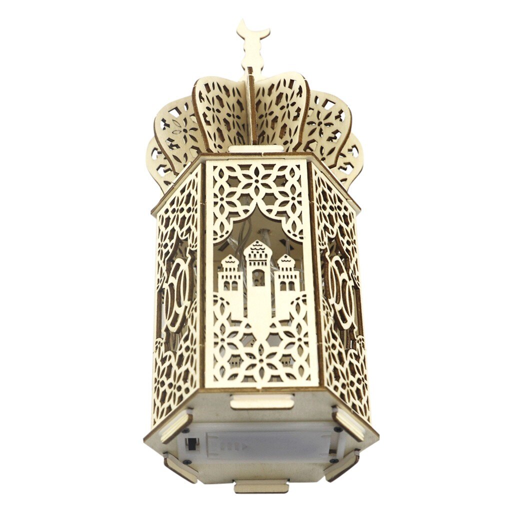 Wooden Ramadan Lantern Lights Wood Mosque Eid Mubarak Decoration for Home Ramadan Kareem Islamic Hanging Decor