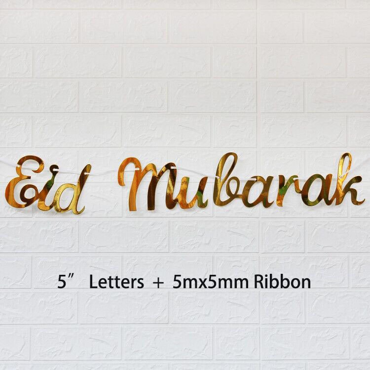 5M Ramadan Eid Mubarak Banners Gold Silver Letter Paper Hanging Flag Ramadan Decoration 2023 Islamic Muslim Party Supplies