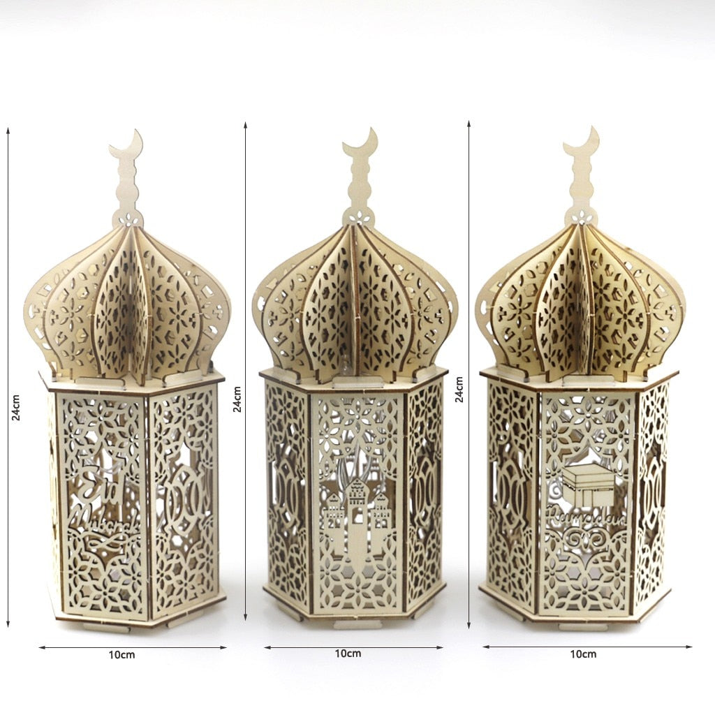 Wooden Ramadan Lantern Lights Wood Mosque Eid Mubarak Decoration for Home Ramadan Kareem Islamic Hanging Decor