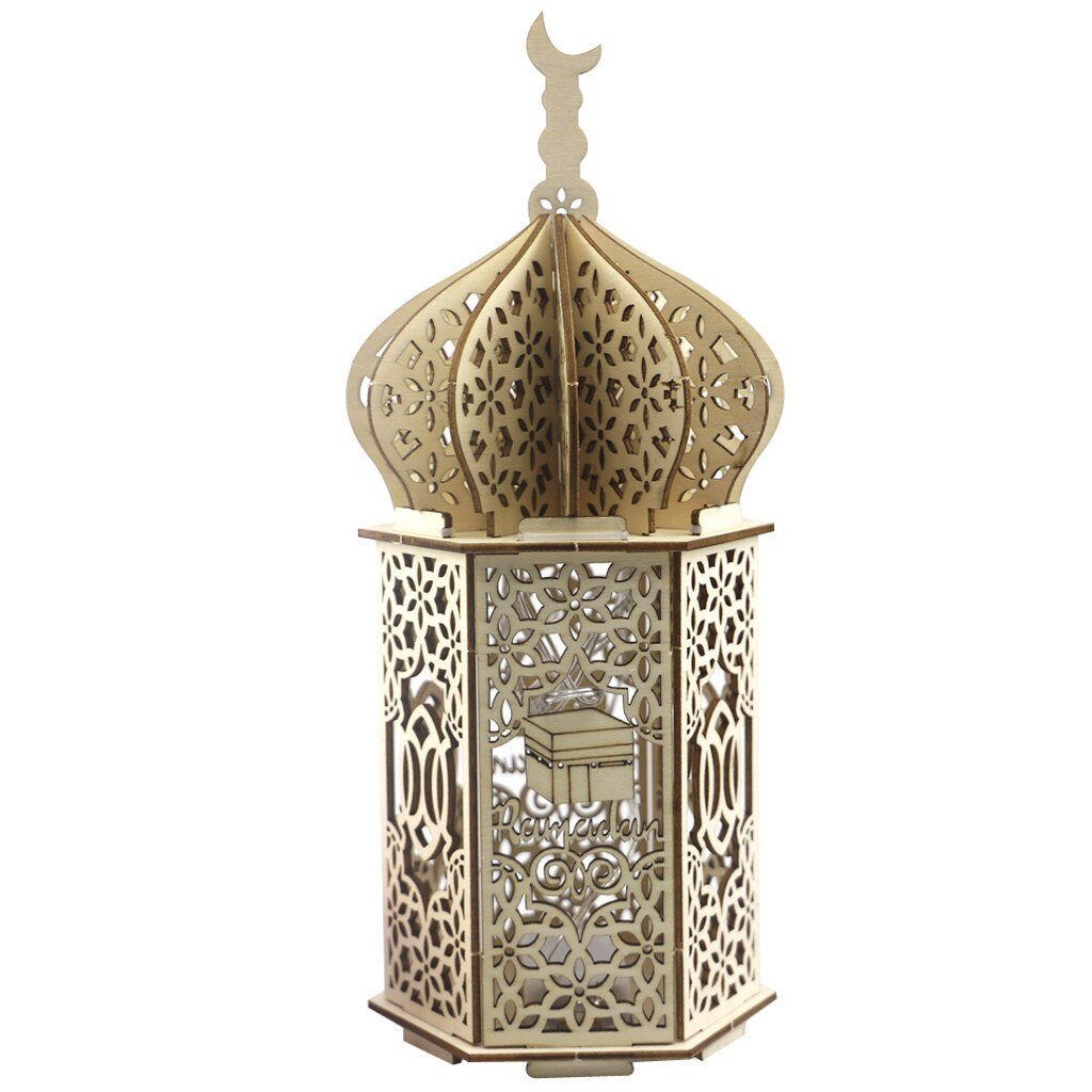 Wooden Ramadan Lantern Lights Wood Mosque Eid Mubarak Decoration for Home Ramadan Kareem Islamic Hanging Decor