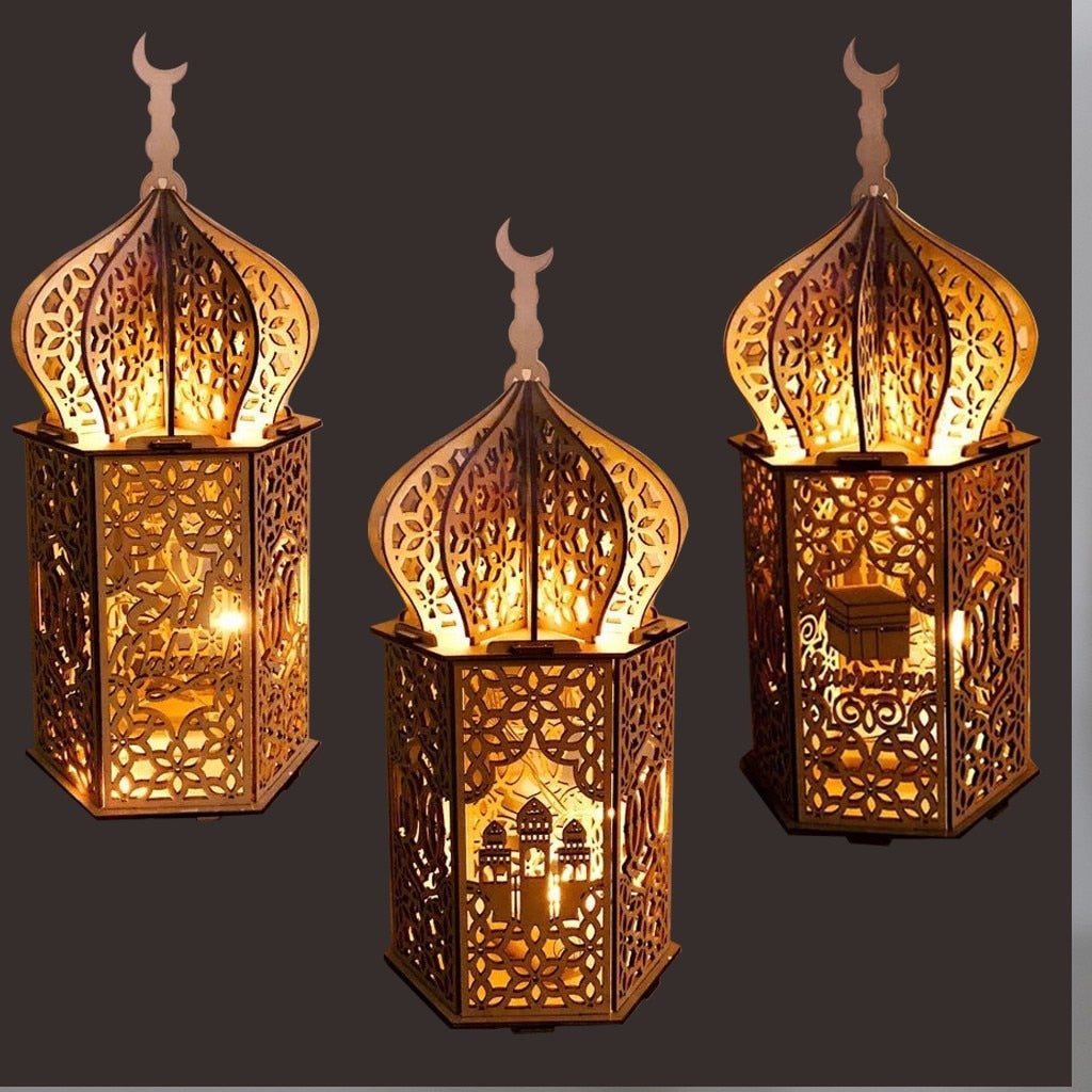 Wooden Ramadan Lantern Lights Wood Mosque Eid Mubarak Decoration for Home Ramadan Kareem Islamic Hanging Decor