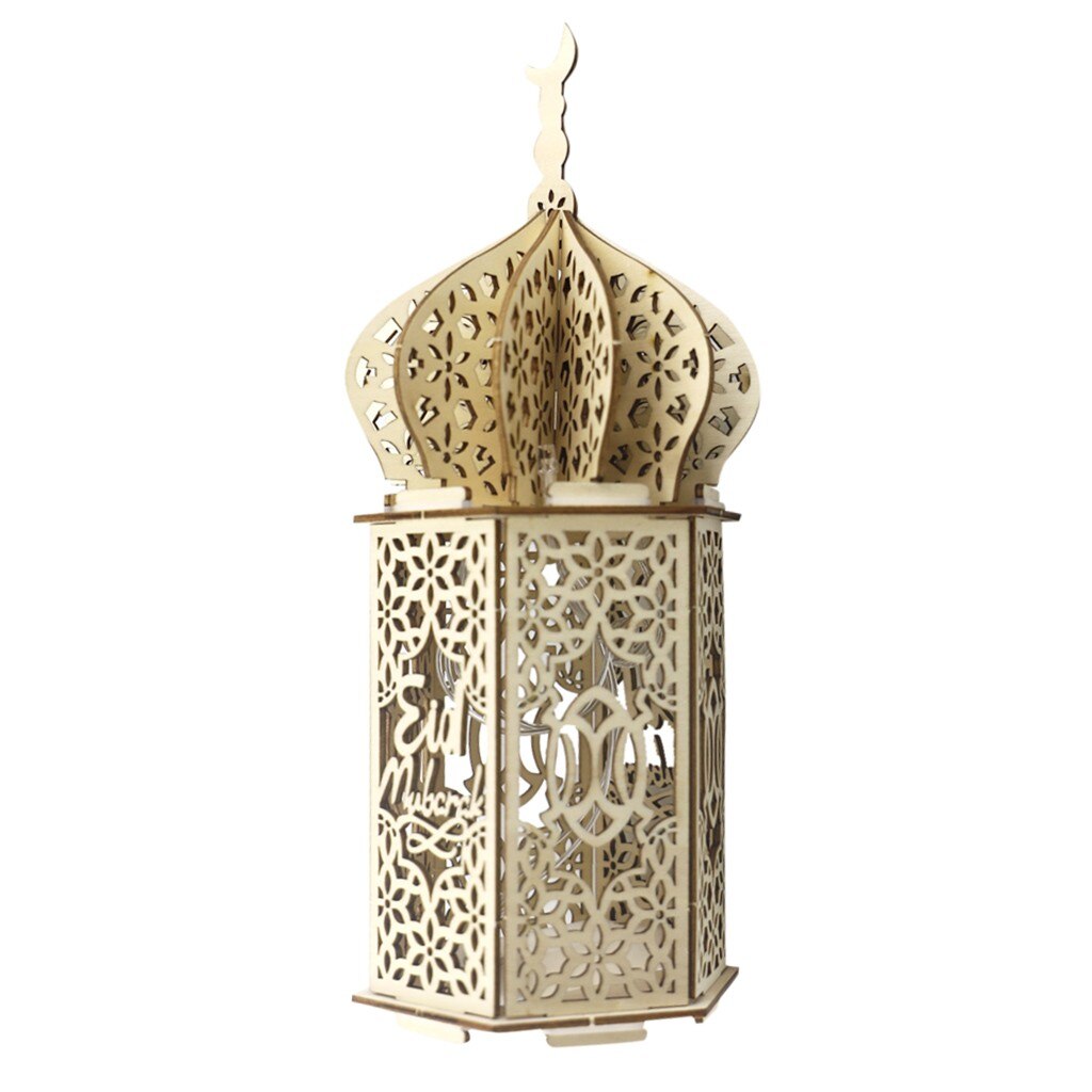 Wooden Ramadan Lantern Lights Wood Mosque Eid Mubarak Decoration for Home Ramadan Kareem Islamic Hanging Decor