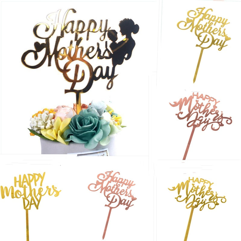 New MOM acrylic birthday Cake Topper Golden Hello mother's day  party Cake toppers Cake Dessert Decoration Mother's holiday gift