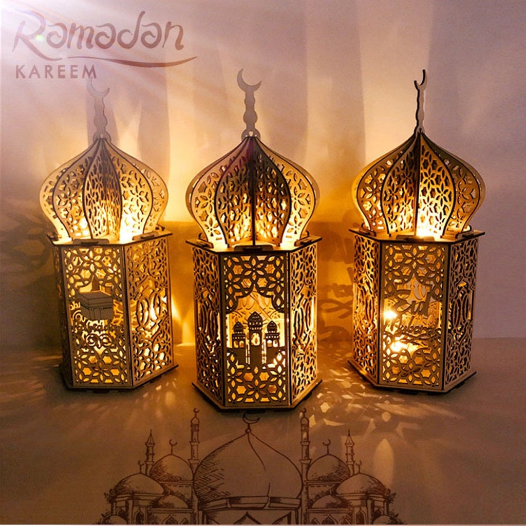Wooden Ramadan Lantern Lights Wood Mosque Eid Mubarak Decoration for Home Ramadan Kareem Islamic Hanging Decor