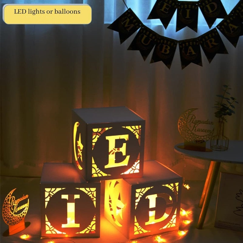3x Eid Mubarak Transparent Box With light Hollow Letter Balloon Box Ramadan Kareem Decoration 2023 Muslim Islamic Festival Decor