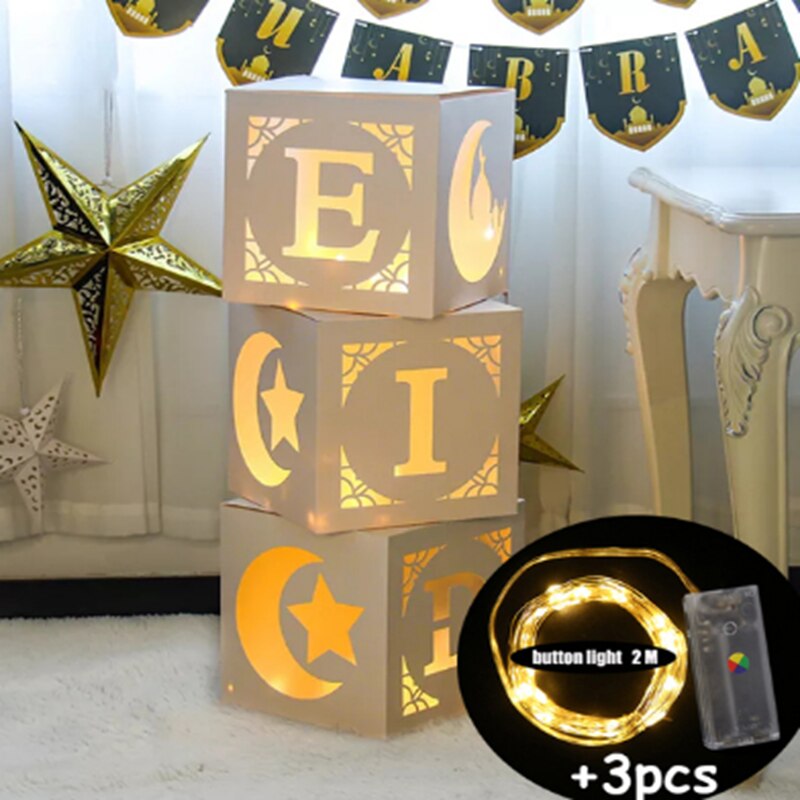 3x Eid Mubarak Transparent Box With light Hollow Letter Balloon Box Ramadan Kareem Decoration 2023 Muslim Islamic Festival Decor