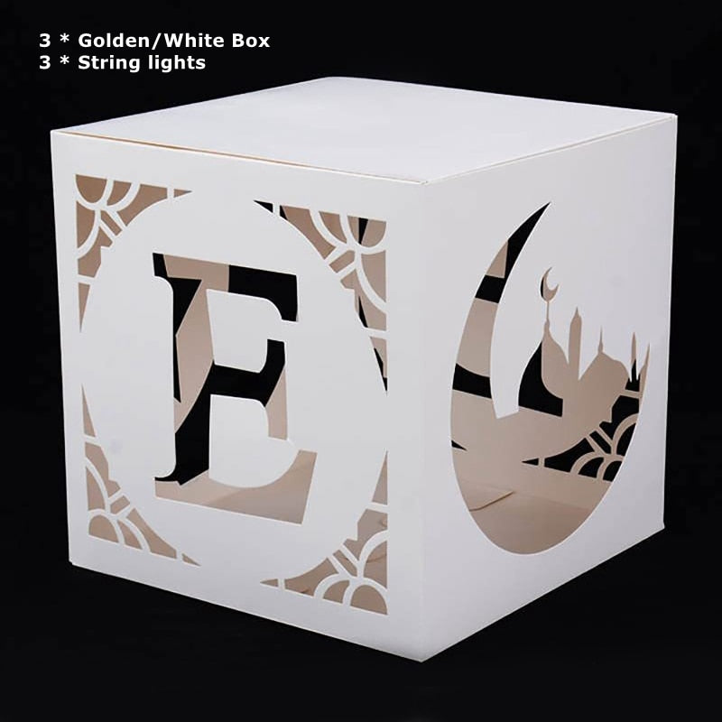 3x Eid Mubarak Transparent Box With light Hollow Letter Balloon Box Ramadan Kareem Decoration 2023 Muslim Islamic Festival Decor