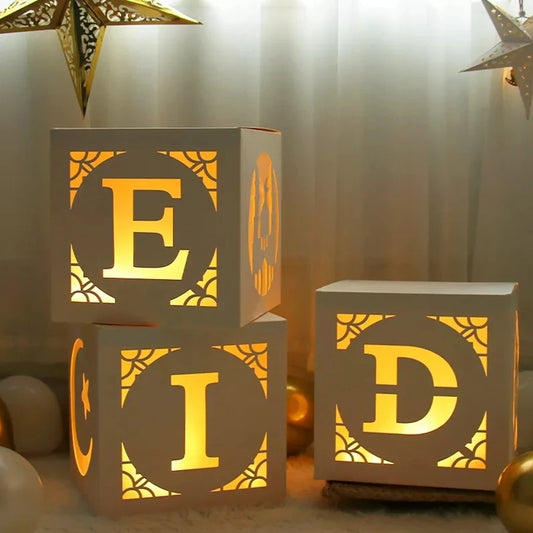 3x Eid Mubarak Transparent Box With light Hollow Letter Balloon Box Ramadan Kareem Decoration 2023 Muslim Islamic Festival Decor